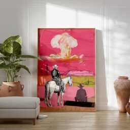 Cowboy Skeleton Art, Pop Art Style Poster, Western Surreal Wall Print, Pink Modern Artwork, Retro Americana Decor, Bold Contemporary - thumbnail 3