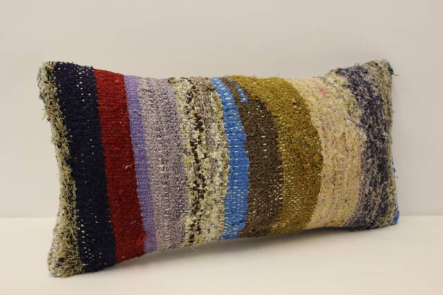 Vintage Turkish Kilim Pillow 10x20 in 25x50 cm Lumbar Accent Sofa Throw Cushion Cover 4Yef-772 - image 1
