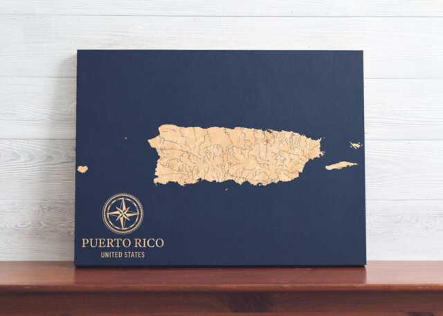 Puerto Rico Map - Engraved Wood Coastal Chart Wall Art Sign, Beach House Home Decor Nautical Life Print, Unique Personalized Family Gift - image 1