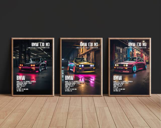 Bmw E30 M3 Neon Car Print Jdm Supercar Art, Framed Option - image 1