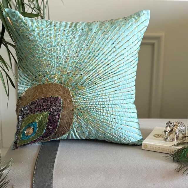 Beaded Birds Pattern Aqua Blue Art Silk Pillow Sham, 24x24/26x26 Modern Euro Sham - Peacock Grace - image 1