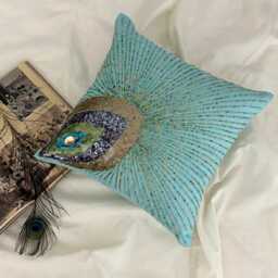 Beaded Birds Pattern Aqua Blue Art Silk Pillow Sham, 24x24/26x26 Modern Euro Sham - Peacock Grace - thumbnail 2