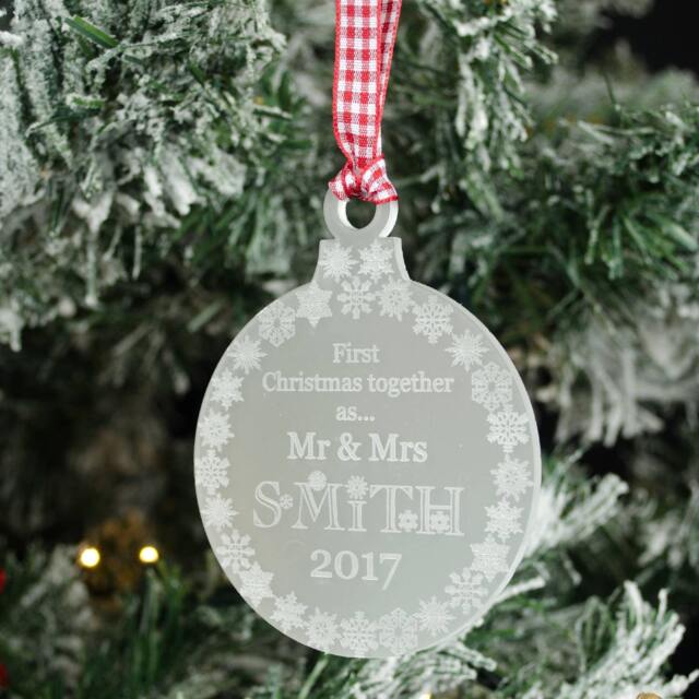 Personalised First Christmas Tree Decoration, Mr & Mrs Frosted Acrylic Bauble - image 1
