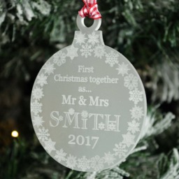 Personalised First Christmas Tree Decoration, Mr & Mrs Frosted Acrylic Bauble - thumbnail 3