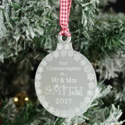 Personalised First Christmas Tree Decoration, Mr & Mrs Frosted Acrylic Bauble