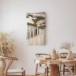 Modern Woven Tapestry Neutral & Green Wall Hanging Ideal As Above Bed Or Couch Decor For Rustic Living Room Warm Bedroom - thumbnail 2