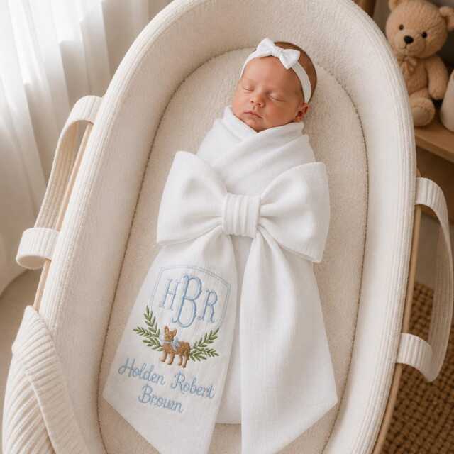 Custom Baby Puppy Embroidered Newborn Bow Sash, Monogram Dog Swaddle, Sash For Picture, Shower Gift - image 1