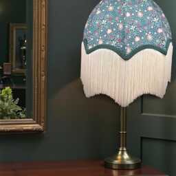 William Morris Persian Curtains Fabric Dome Lampshade Dark Green Braid & Cream Fringe, Bespoke British Handmade - thumbnail 2