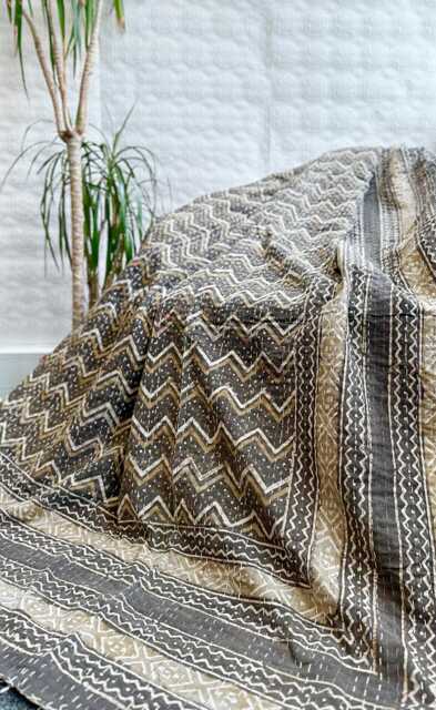 Kantha Stitch Pure Cotton Reversible Bed Throw King Size - Handmade Handprinted Dohar White Earthen Autumn Mud Brown Geometric Chevron - image 1