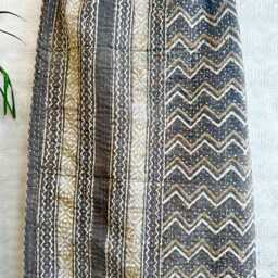 Kantha Stitch Pure Cotton Reversible Bed Throw King Size - Handmade Handprinted Dohar White Earthen Autumn Mud Brown Geometric Chevron - thumbnail 4