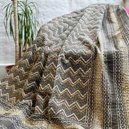 Kantha Stitch Pure Cotton Reversible Bed Throw King Size - Handmade Handprinted Dohar White Earthen Autumn Mud Brown Geometric Chevron - thumbnail 2