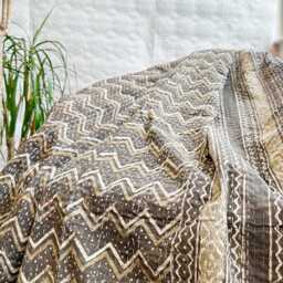 Kantha Stitch Pure Cotton Reversible Bed Throw King Size - Handmade Handprinted Dohar White Earthen Autumn Mud Brown Geometric Chevron - thumbnail 3