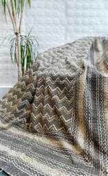 Kantha Stitch Pure Cotton Reversible Bed Throw King Size - Handmade Handprinted Dohar White Earthen Autumn Mud Brown Geometric Chevron - thumbnail 1