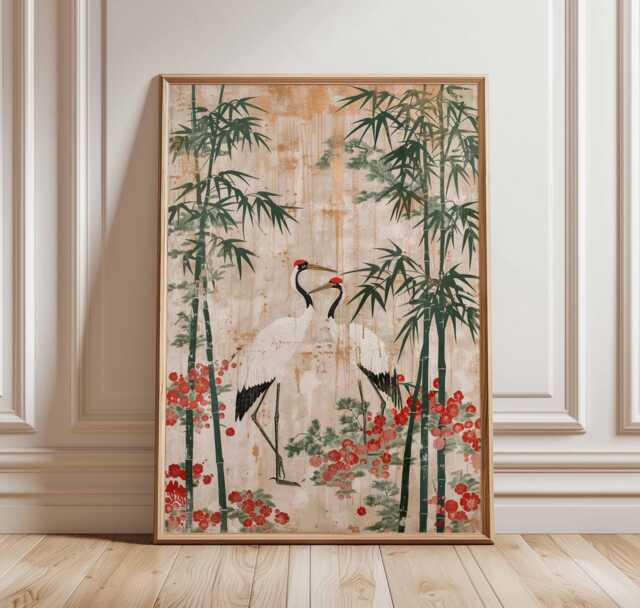 Japanese Crane Print, Oriental Bamboo Wall Art, Red Crowned Poster, Traditional Asian Nature Decor, Unframed Elegant Artwork - image 1