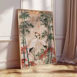 Japanese Crane Print, Oriental Bamboo Wall Art, Red Crowned Poster, Traditional Asian Nature Decor, Unframed Elegant Artwork - thumbnail 3