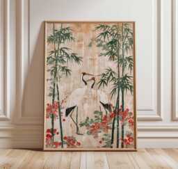 Japanese Crane Print, Oriental Bamboo Wall Art, Red Crowned Poster, Traditional Asian Nature Decor, Unframed Elegant Artwork - thumbnail 1