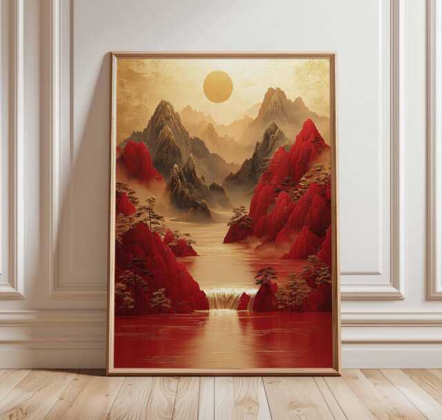 Red Mountain Waterfall Poster - Golden Sun Asian Landscape Art, Tranquil Print, & Gold Nature Decor, Scenic Wall Art - image 1
