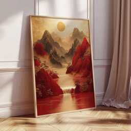 Red Mountain Waterfall Poster - Golden Sun Asian Landscape Art, Tranquil Print, & Gold Nature Decor, Scenic Wall Art - thumbnail 2
