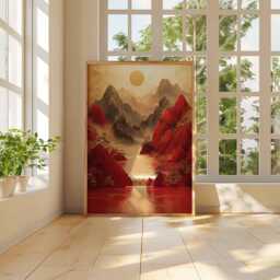 Red Mountain Waterfall Poster - Golden Sun Asian Landscape Art, Tranquil Print, & Gold Nature Decor, Scenic Wall Art - thumbnail 3