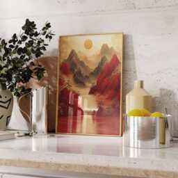 Red Mountain Waterfall Poster - Golden Sun Asian Landscape Art, Tranquil Print, & Gold Nature Decor, Scenic Wall Art - thumbnail 4