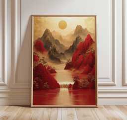 Red Mountain Waterfall Poster - Golden Sun Asian Landscape Art, Tranquil Print, & Gold Nature Decor, Scenic Wall Art
