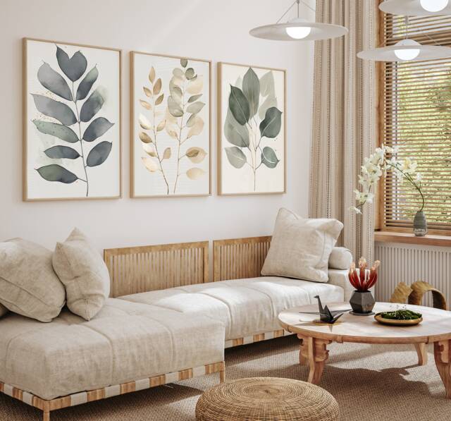 Set Of 3 Botanical Wall Prints, Flower Art, Gold & Sage Green Home Decor, Hand Drawn Plants Prints, Free Fast Delivery - image 1