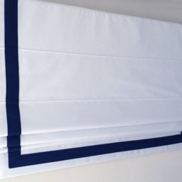 Custom Flat Roman Shade, White Linen With Navy Border, Window Treatment - thumbnail 2