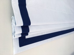 Custom Flat Roman Shade, White Linen With Navy Border, Window Treatment