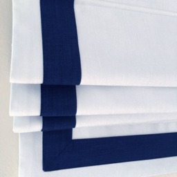 Custom Flat Roman Shade, White Linen With Navy Border, Window Treatment - thumbnail 3