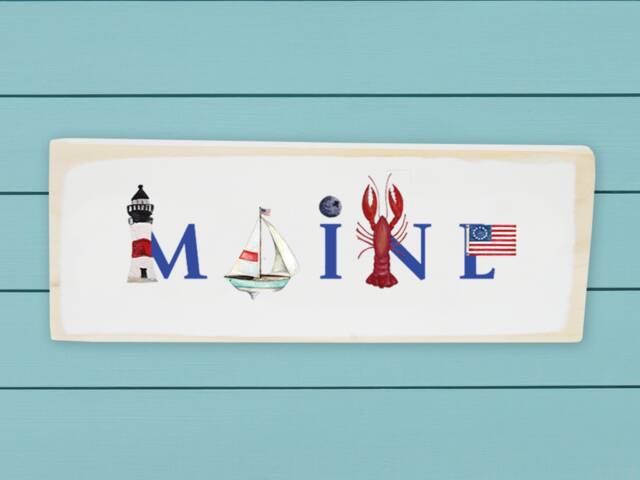 Maine Summer Wood Block ~ Lighthouse & Lobster Art Wall Hanging Of Iconic Designs in Usa Illu-stated Home Decor - image 1