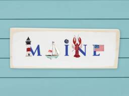 Maine Summer Wood Block ~ Lighthouse & Lobster Art Wall Hanging Of Iconic Designs in Usa Illu-stated Home Decor - thumbnail 1
