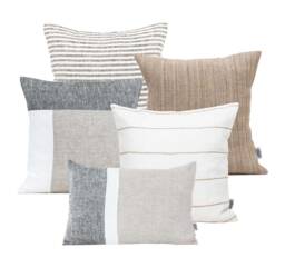 Sofa Cushion Set Of 5 Neutral Linen Pillow Cases, Classic Farmhouse Throw Pillows, Grey & White Covers, Scandinavian Pillowcase - thumbnail 1