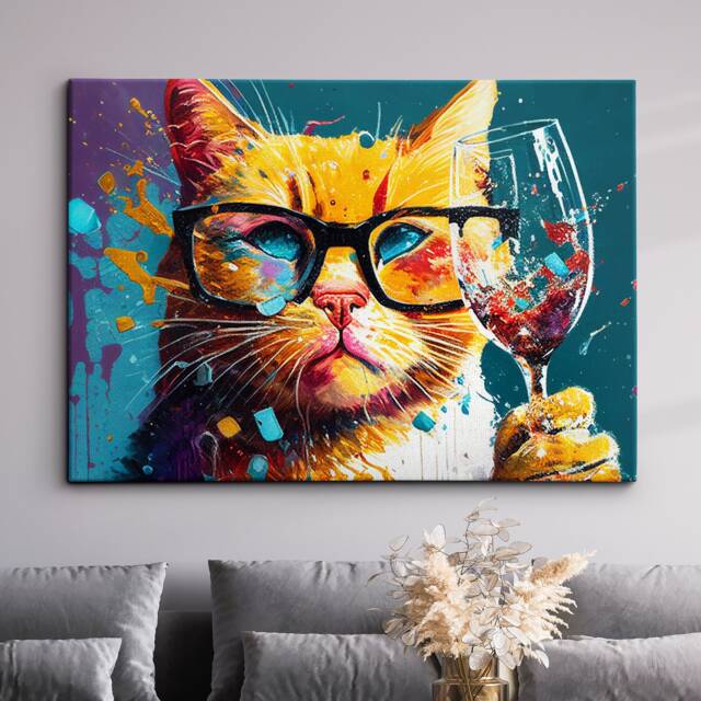 Cat Toasting Drink Glasses Animal Art Abstract Oil Painting Framed Poster Print & Canvas Wall Living Home Decor Interior Gift - image 1