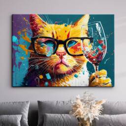 Cat Toasting Drink Glasses Animal Art Abstract Oil Painting Framed Poster Print & Canvas Wall Living Home Decor Interior Gift
