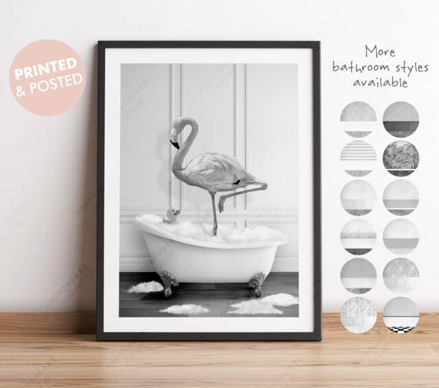 Black & White Pink Flamingo in A Bath Print, Bathing, Funny Bathroom Animal Bathtub, Bird Tub Whimsy - image 1