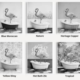 Black & White Pink Flamingo in A Bath Print, Bathing, Funny Bathroom Animal Bathtub, Bird Tub Whimsy - thumbnail 3