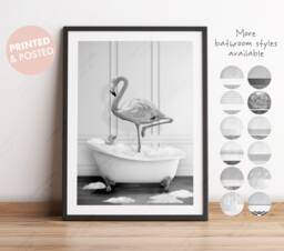 Black & White Pink Flamingo in A Bath Print, Bathing, Funny Bathroom Animal Bathtub, Bird Tub Whimsy - thumbnail 1