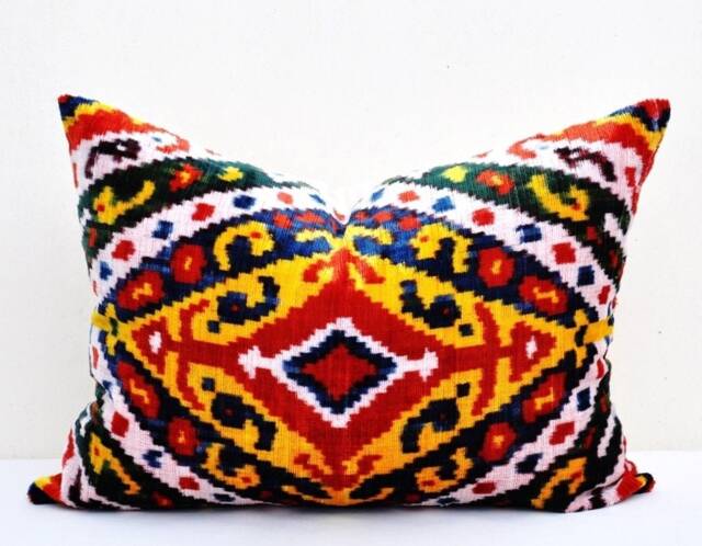 Handloom Silk Velvet Ikat Pillow, Colorful Accent Cushion - image 1
