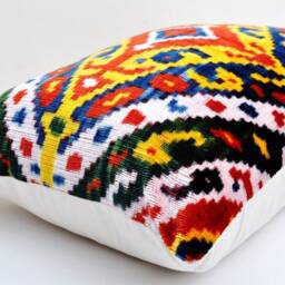 Handloom Silk Velvet Ikat Pillow, Colorful Accent Cushion - thumbnail 2