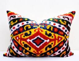 Handloom Silk Velvet Ikat Pillow, Colorful Accent Cushion - thumbnail 1