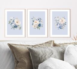 Blue Floral Prints, Watercolour Rose Bedroom Set Of 3 Unframed Living Room Wall Art, Beige Flower Posters - thumbnail 1