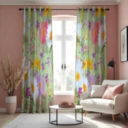 Green Floral Curtains With Wildflower Print, Colorful Botanical Drapes, Made To Measure Window Panels, Custom Eyelet Or Rod Pocket - thumbnail 3