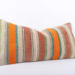 stripe Kilim Pillow Cover 12x24 Turkish Wool Lumbar Cushion - thumbnail 3