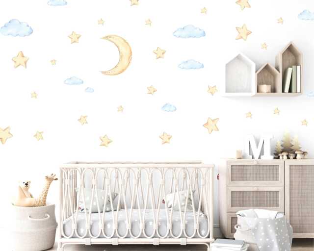 Watercolor Moon, Stars, Clouds Wall Decals Nursery Sky Decor - Pack Of 70 - image 1