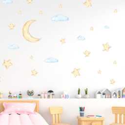 Watercolor Moon, Stars, Clouds Wall Decals Nursery Sky Decor - Pack Of 70 - thumbnail 2