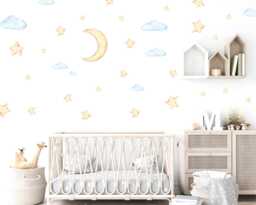 Watercolor Moon, Stars, Clouds Wall Decals Nursery Sky Decor - Pack Of 70 - thumbnail 1
