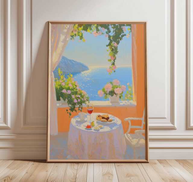 Mediterranean Balcony Poster, Impressionist Coastal Wall Art, Seaside Breakfast Print, Summer Ocean View Painting, Elegant Home Decor Poster - image 1