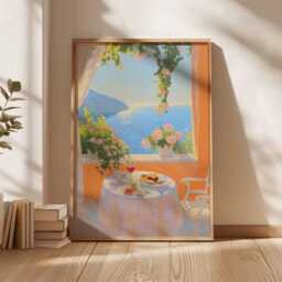 Mediterranean Balcony Poster, Impressionist Coastal Wall Art, Seaside Breakfast Print, Summer Ocean View Painting, Elegant Home Decor Poster - thumbnail 3