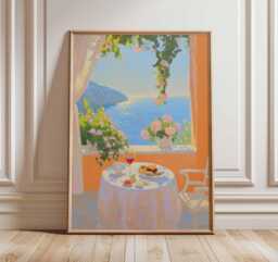 Mediterranean Balcony Poster, Impressionist Coastal Wall Art, Seaside Breakfast Print, Summer Ocean View Painting, Elegant Home Decor Poster - thumbnail 1