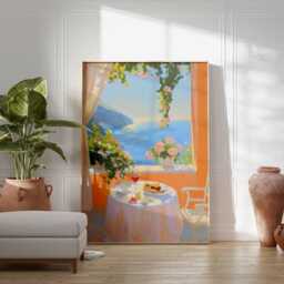 Mediterranean Balcony Poster, Impressionist Coastal Wall Art, Seaside Breakfast Print, Summer Ocean View Painting, Elegant Home Decor Poster - thumbnail 2